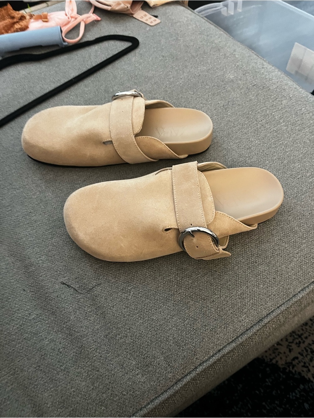 ZARA NWOT Beige Suede Slip-On Clogs with Buckle Strap - Picture 2 of 5